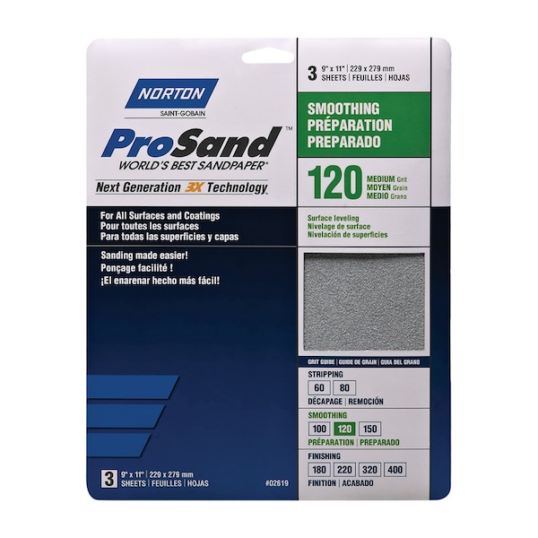 Norton Abrasives Norton ProSand 11 in. L X 9 in. W 120 Grit Aluminum Oxide Sandpaper 3 pk 7660768161 - main